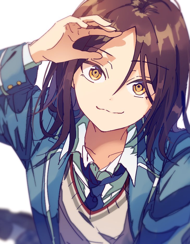 1boy, :3, arm_up, bloom, blue_neckerchief, blurry_border, brown_hair, closed_mouth