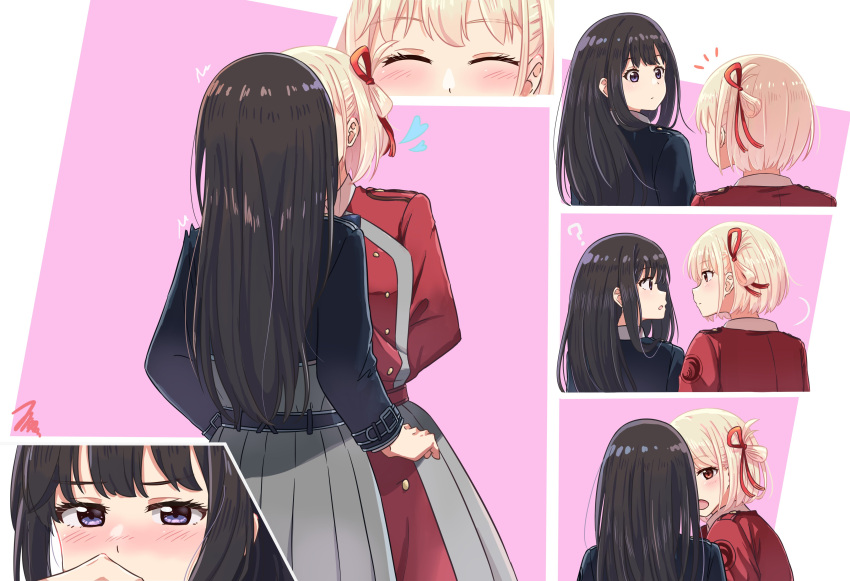 2girls, absurdres, black_hair, blonde_hair, blue_dress, blush, chai_haru, closed_eyes