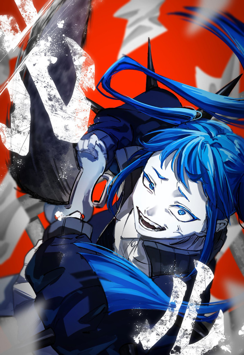 1girl, ado_(utaite), azuki_tgtg, blue_eyes, blue_hair, blue_jacket, chalk, collared_shirt