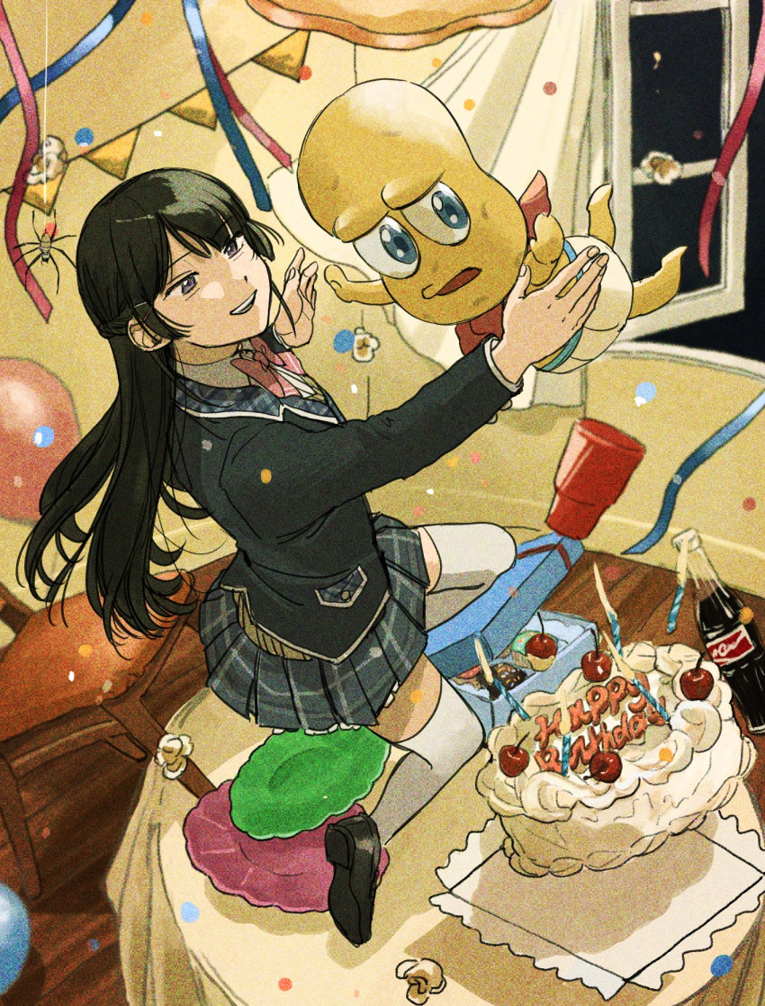 1boy, 1girl, bald, balloon, bandana, bandana_around_neck, birthday_cake, birthday_party