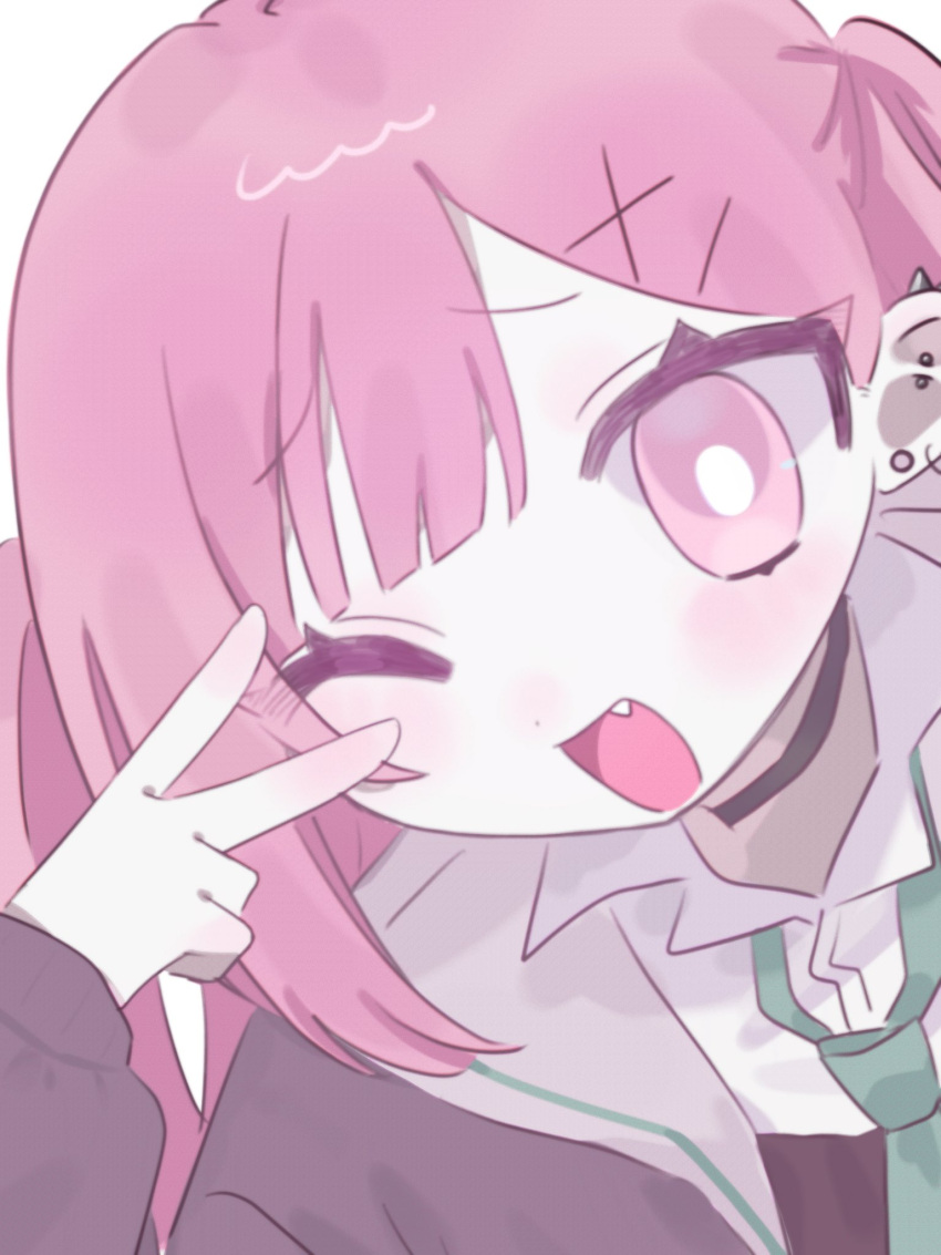 1girl, black_choker, cardigan, choker, collared_shirt, commentary, dress_shirt, fang, green_necktie, hakuchuumu_(t_t_4949), hand_up, hashtag-only_commentary, highres, kitanai_kimi_ga_ichiban_kawaii, long_sleeves, miyazono_ichika, necktie, one_eye_closed, open_mouth, pink_eyes, pink_hair, pink_theme, purple_cardigan, school_uniform, serafuku, shirt, simple_background, two_side_up, upper_body, v, white_background, white_shirt