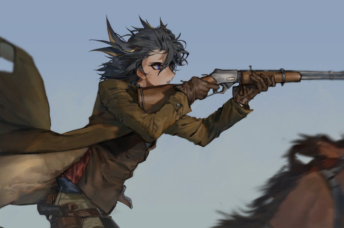 1boy, aiming, belt, belt_pouch, black_hair, blue_eyes, blue_sky, brown_gloves