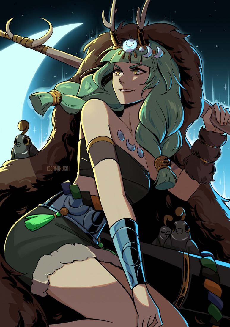 1girl, animal, antlers, arm_warmers, artemis_(hades), bare_shoulders, bird, bracelet