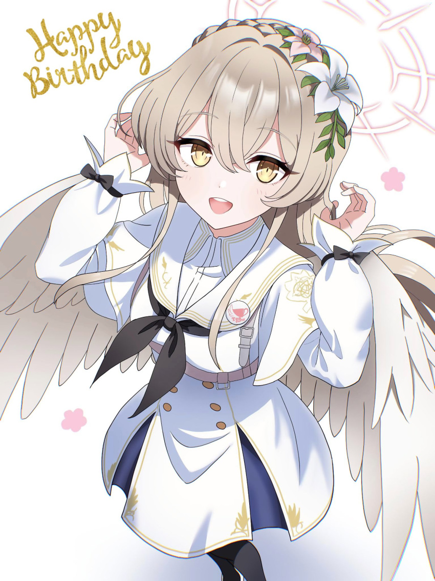 black_neckerchief, blonde_hair, blue_archive, braid, flower, gesupi_(provlemsolver57), hair_between_eyes, hair_flower
