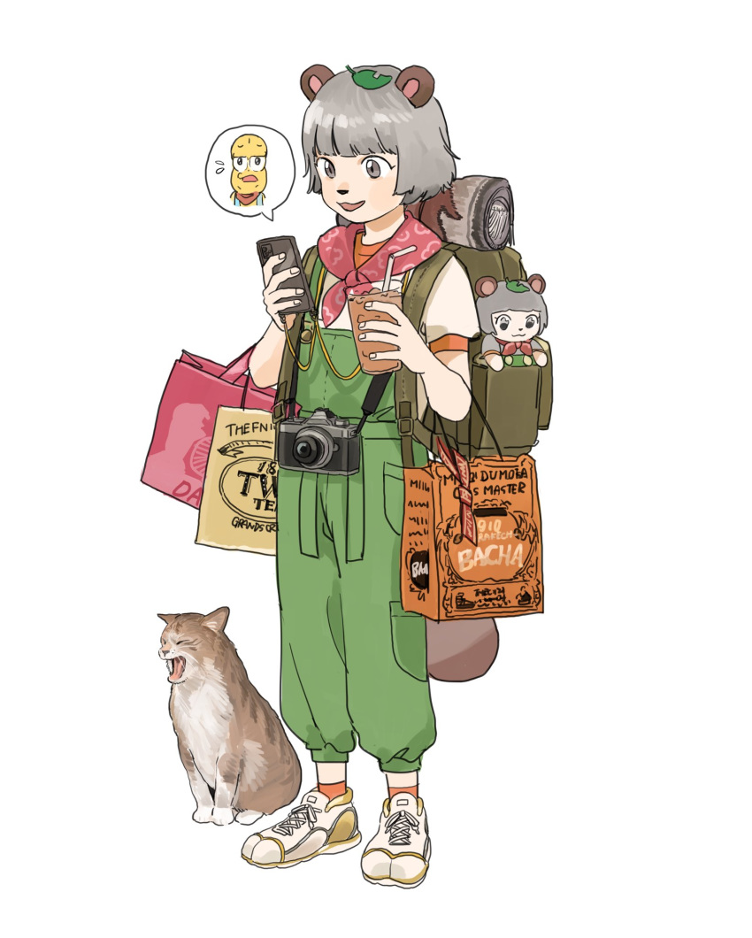 1boy, 1girl, :3, animal_ears, animal_nose, backpack, bag, bandana