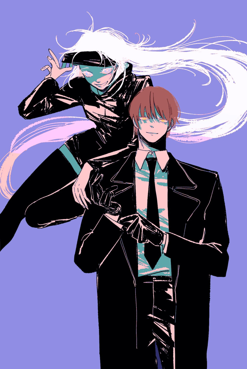 1boy, 1girl, blindfold, blindfold_lift, blue_eyes, chainsaw_man, crossover, formal