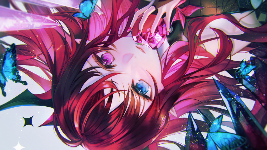 1girl, absurdres, apple, asymmetrical_wings, blue_butterfly, blue_eyes, bug, butterfly