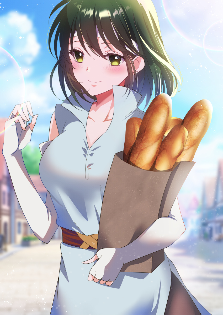 1girl, absurdres, azusa_(azchemist63), bag, baguette, belt, blue_dress, bread
