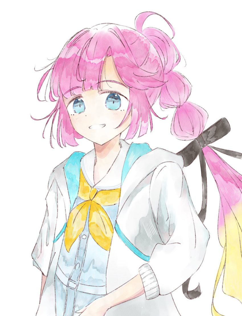 1girl, ahoge, ameno_ryuu, anyoji_hime, black_ribbon, blonde_hair, blue_dress, blue_eyes