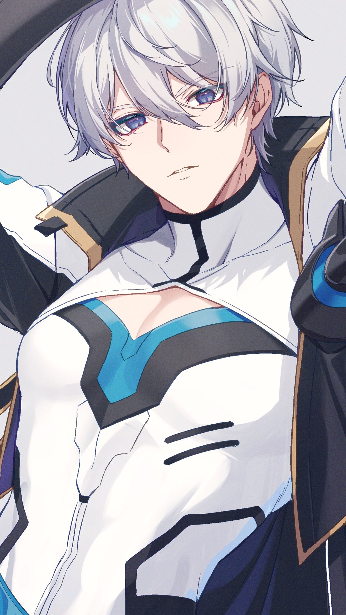 1boy, blue_eyes, grey_background, hair_between_eyes, highres, honkai_(series), honkai_impact_3rd, jacket, kevin_kaslana, looking_at_viewer, open_mouth, pectoral_cleavage, pectorals, shirt, short_hair, sunnysideup0831, upper_body, white_hair, white_shirt