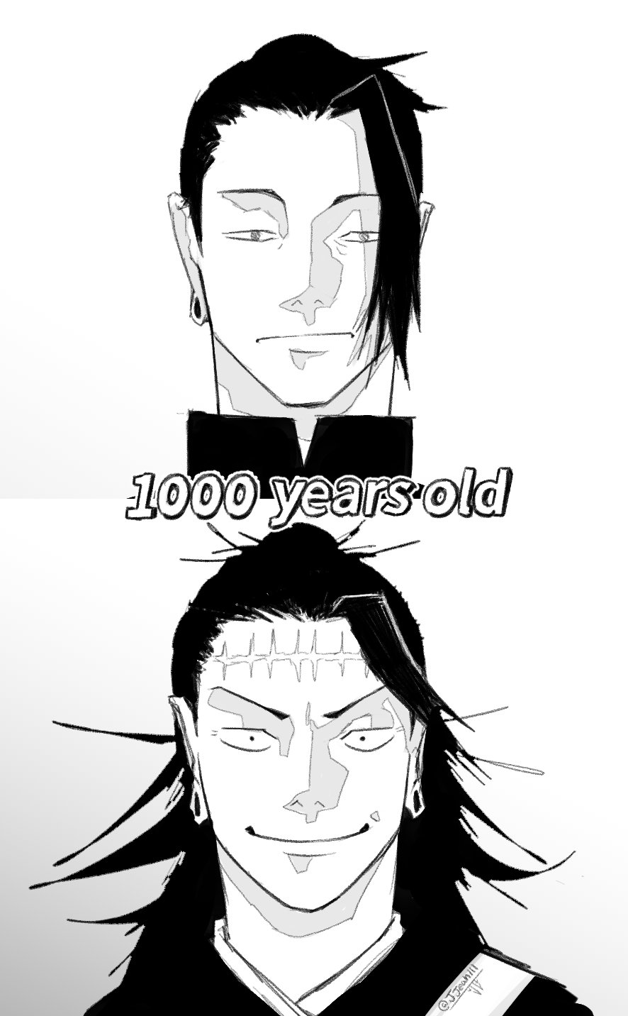 1boy, before_and_after, commentary, earrings, english_commentary, getou_suguru, getou_suguru_(kenjaku), highres