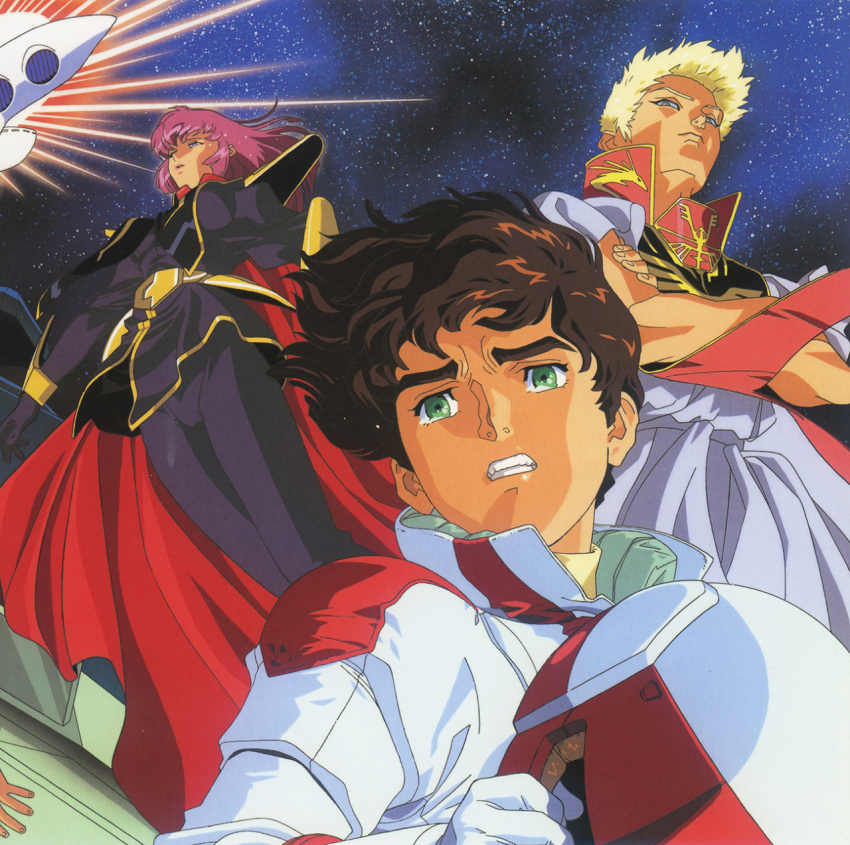 1990s_(style), 1girl, 2boys, belt, blonde_hair, brown_hair, cape, clenched_teeth