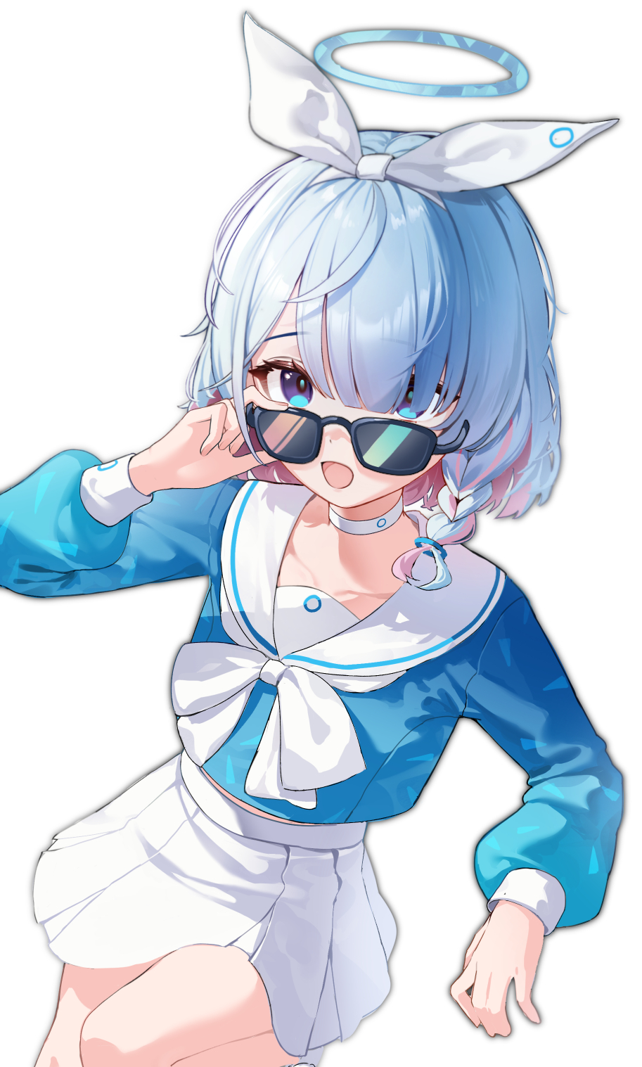 1girl, adjusting_eyewear, arona_(blue_archive), blue_archive, blue_eyes, blue_hair, blue_halo, blue_shirt