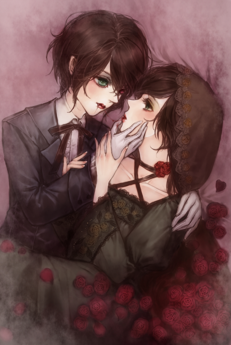 bad_id, crossdressinging, dress, flower, formal, frills, gloves, green_eyes