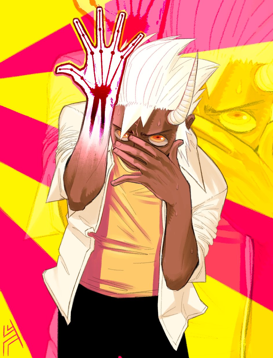 1boy, black_pantyhose, commentary, dark-skinned_male, dark_skin, hand_over_face, highres, horns