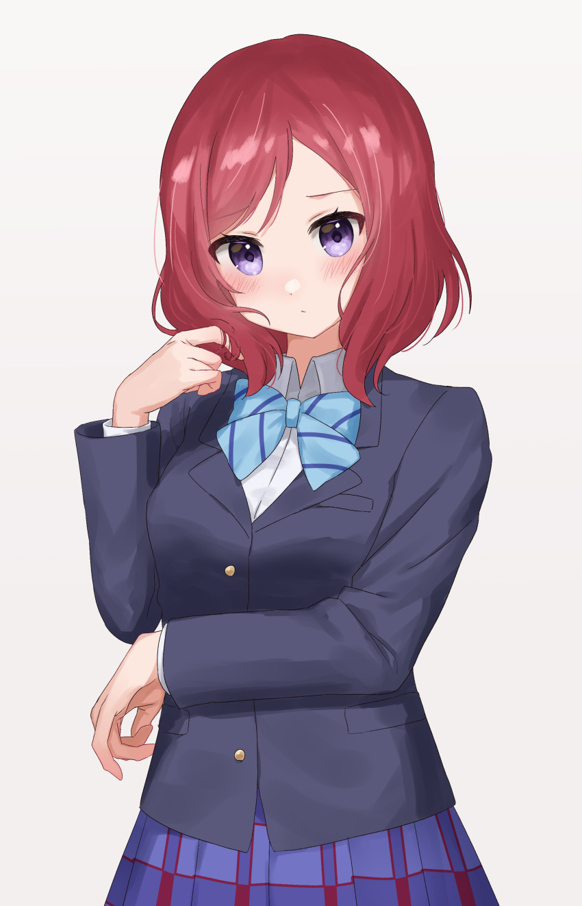 1girl, absurdres, blazer, blush, bow, bowtie, collared_shirt, expressionless