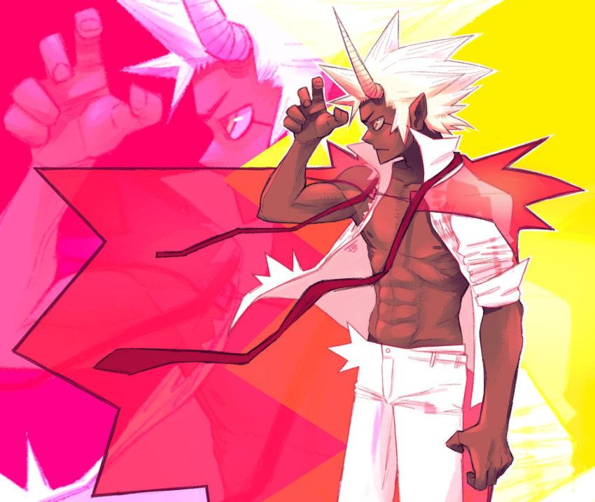 1boy, bare_pectorals, cape, commentary, dark-skinned_male, dark_skin, highres, horns