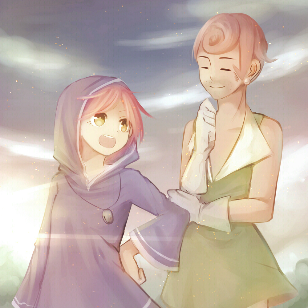 1boy, 1girl, blue_dress, closed_eyes, collarbone, dress, earrings, gloves