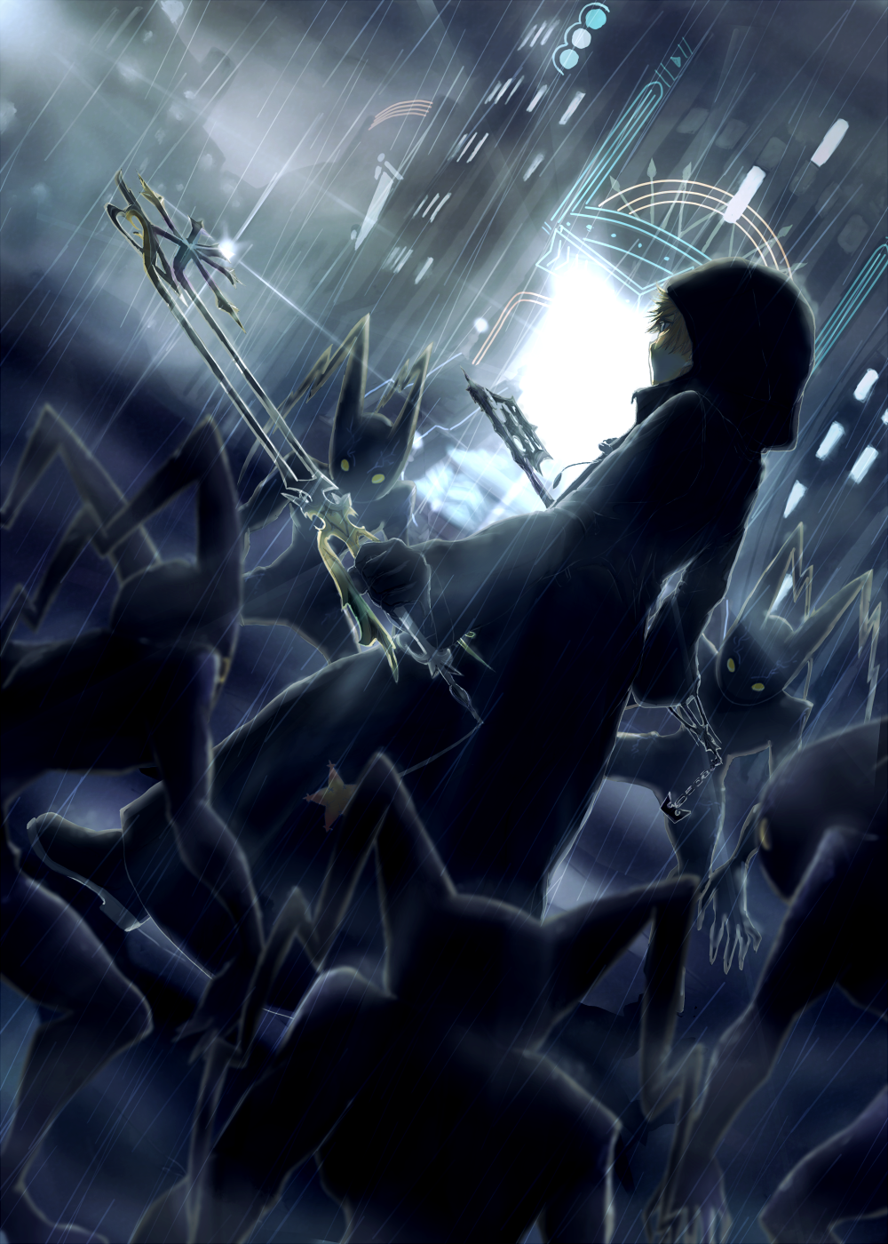 1boy, black_coat, black_coat_(kingdom_hearts), black_footwear, blonde_hair, city, coat, commentary_request