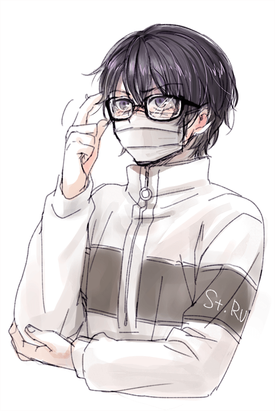 1boy, 3_1_21, adjusting_eyewear, black-framed_eyewear, black_hair, glasses, hair_between_eyes, hand_on_own_elbow