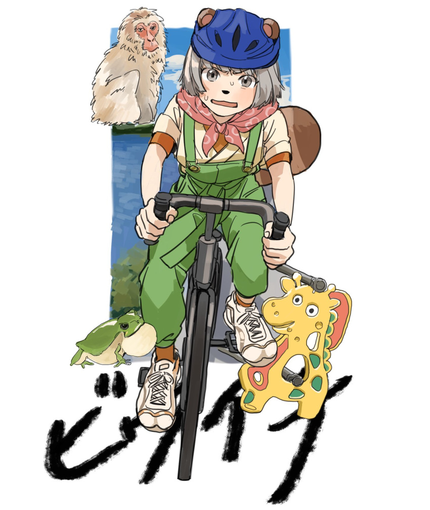 1girl, :3, animal_ears, animal_nose, bandana, bandana_around_neck, bicycle, bicycle_helmet