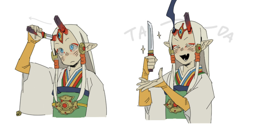1girl, bell, blue_eyes, blush, colored_sclera, cropped_torso, drawing_sword, extra_eyes, fangs, gradient_horns, grey_sclera, highres, holding, holding_knife, holding_sword, holding_weapon, horns, japanese_clothes, jingle_bell, knife, long_hair, monster_girl, multicolored_horns, multiple_views, oni, open_mouth, original, pointy_ears, rivaeri, sharp_teeth, sheath, sheathed, short_sword, slit_pupils, smoke, sound_effects, sparkle, sword, sword_horns, tantou, teeth, third_eye, tibetan_clothes, unsheathed, unsheathing, weapon, white_background, white_hair, yellow_sclera, yellow_sleeves