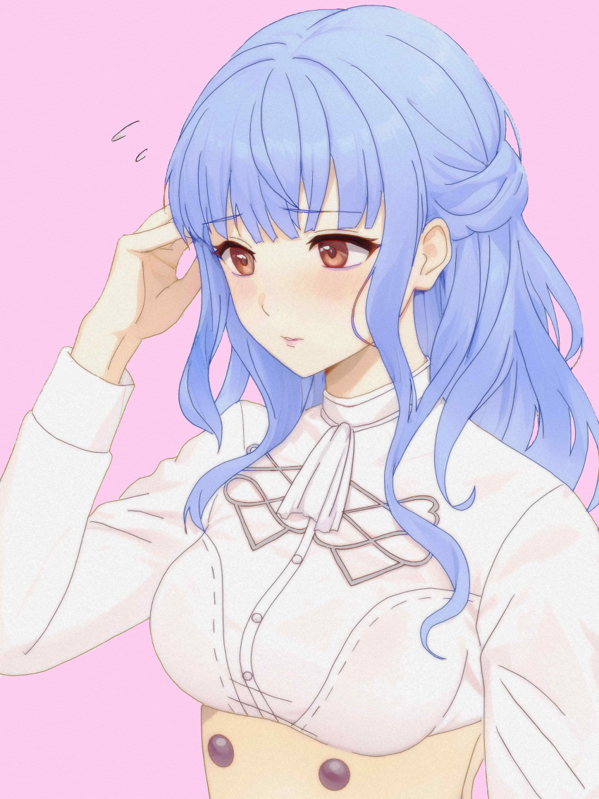 1girl, absurdres, alternate_hairstyle, ascot, blue_hair, blush, breasts, brown_eyes