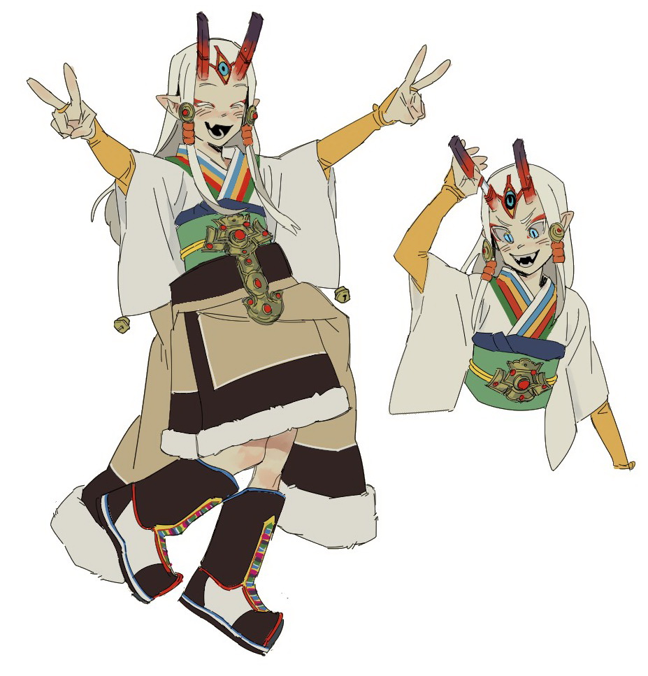 1girl, bell, black_horns, blue_eyes, blush, boots, coat, coat_around_waist, colored_sclera, colorful, cropped_torso, drawing_sword, extra_eyes, fangs, full_body, fur-trimmed_coat, fur_trim, gem, gradient_horns, grey_sclera, hair_ornament, happy, holding, holding_sword, holding_weapon, horns, japanese_clothes, jewelry, jingle_bell, knees, long_hair, monster_girl, multicolored_horns, multiple_views, oni, open_mouth, original, pointy_ears, red_horns, rivaeri, sharp_teeth, sheath, sheathed, short_sword, sidelocks, simple_background, slit_pupils, sword, sword_horns, tantou, teeth, third_eye, tibetan_clothes, v, weapon, white_background, white_hair, yellow_sclera, yellow_sleeves