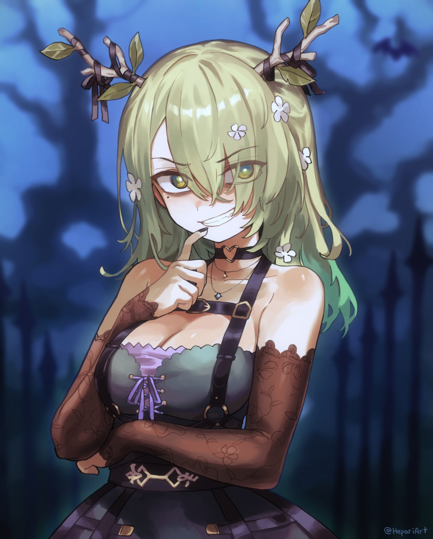 1girl, black_dress, black_nails, breasts, ceres_fauna, ceres_fauna_(goth), choker, detached_sleeves