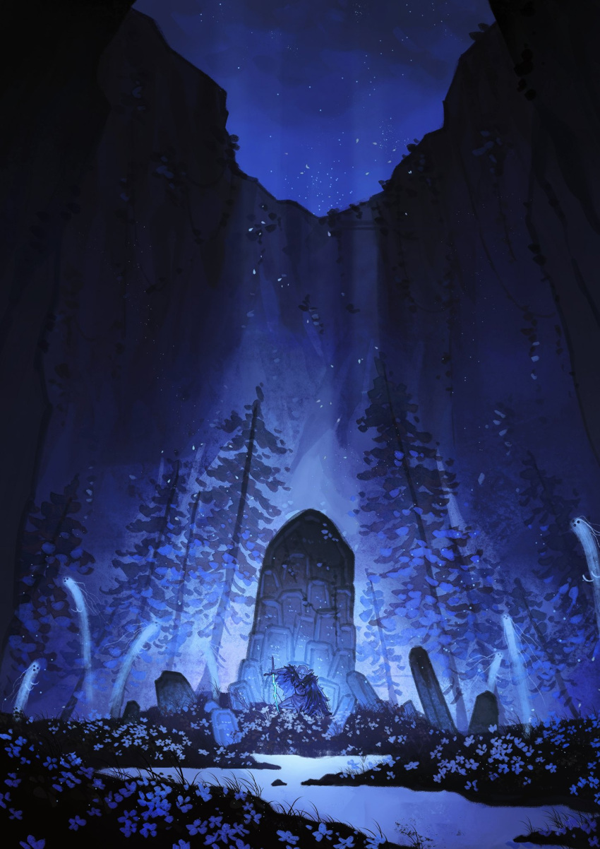 blue_flower, blue_sky, cape, demi-human_swordmaster_onze, elden_ring, elden_ring:_shadow_of_the_erdtree, flower, fur_cape