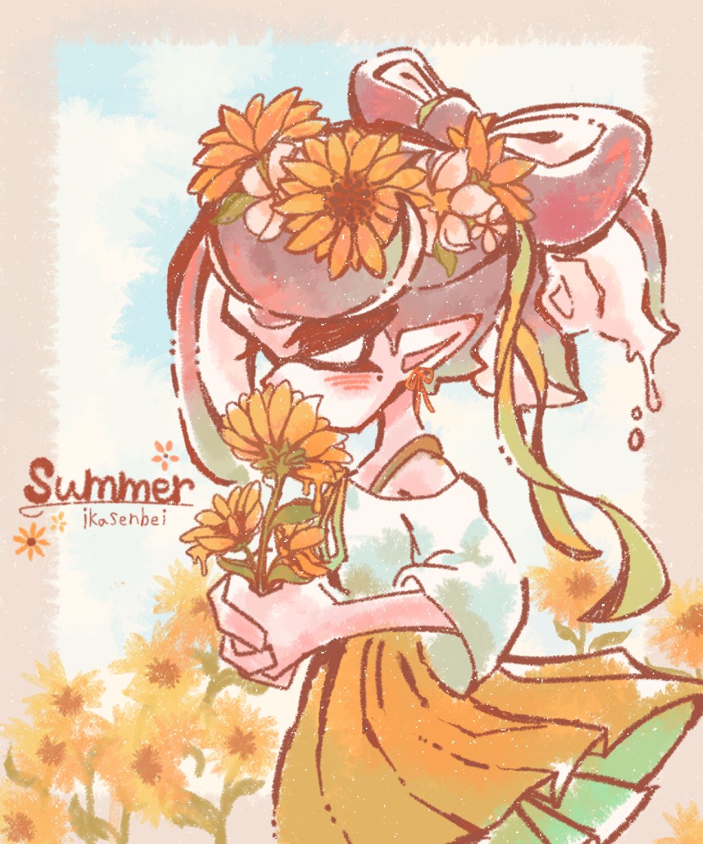 1girl, black_hair, border, bow-shaped_hair, callie_(splatoon), closed_mouth, colored_tips, commentary