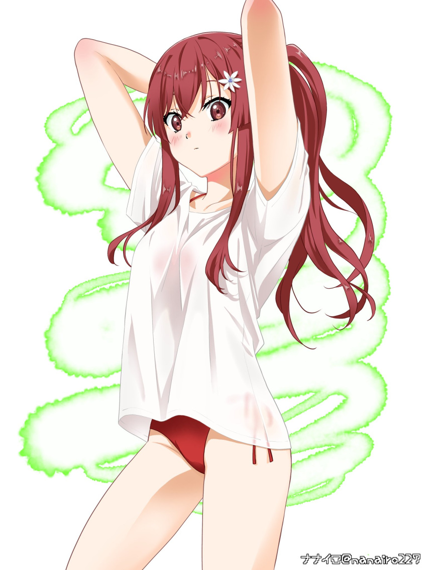 1girl, 22/7, arm_behind_head, artist_name, bikini, blush, cowboy_shot, flower