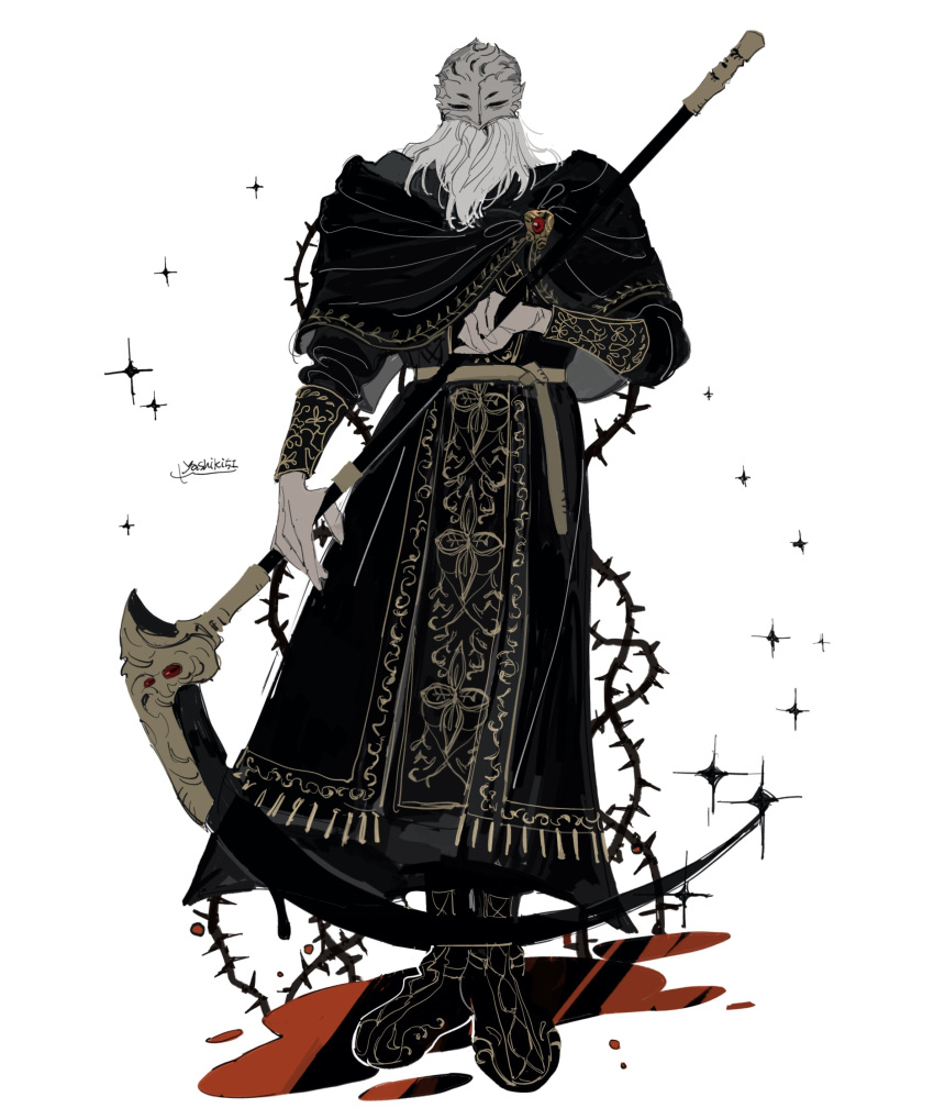1boy, absurdres, black_capelet, black_coat, blood, capelet, coat, commentary