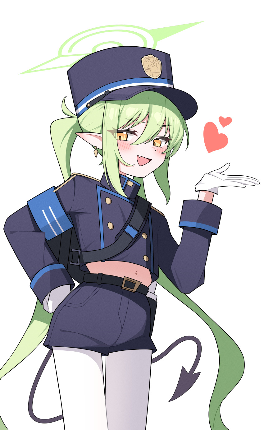 1girl, absurdres, black_hat, black_jacket, black_shorts, black_tail, blue_archive, blush