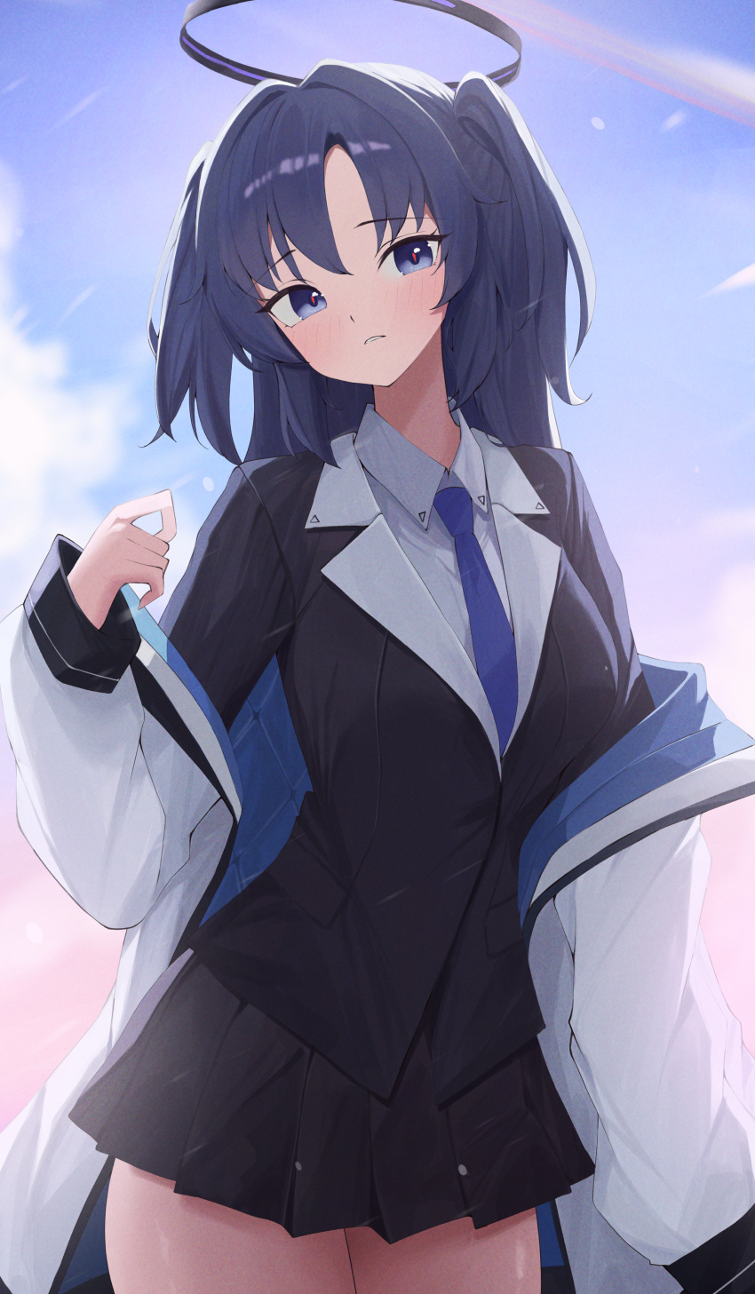 1girl, absurdres, black_gloves, black_skirt, blue_archive, blue_necktie, blush, collared_shirt