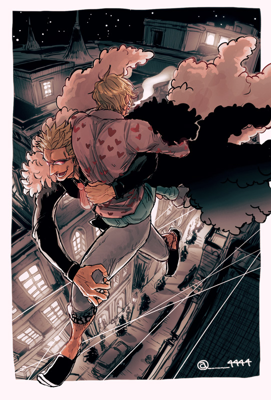 2boys, 4444_(tetsuya), black_coat, black_shirt, blonde_hair, brothers, capri_pants, carrying