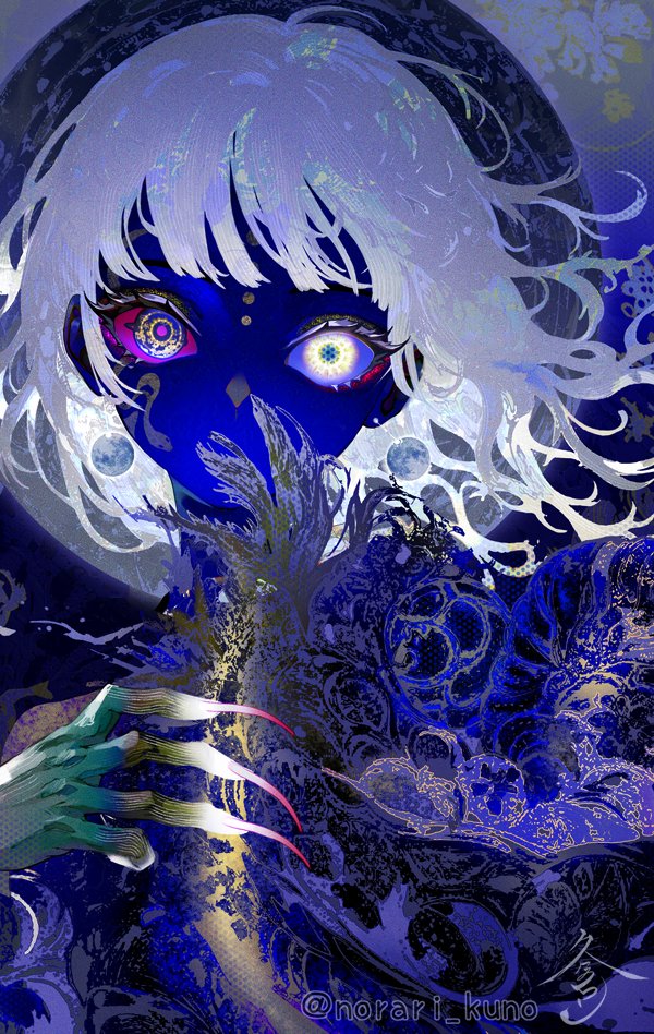 1girl, blue_eyes, blue_sclera, blue_skin, colored_sclera, colored_skin, facial_mark, forehead_mark