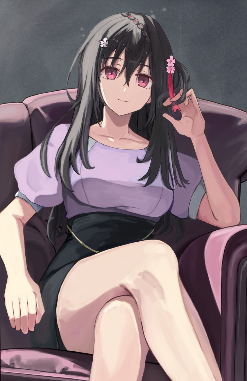 1girl, absurdres, arm_at_side, black_hair, black_skirt, braid, breasts, closed_mouth