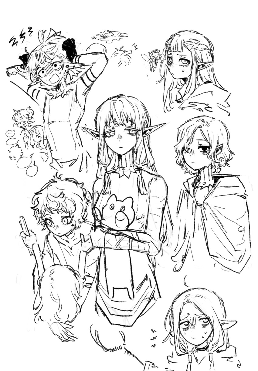 3boys, 3girls, aged_down, bags_under_eyes, black_eyes, child, dungeon_meshi, elf