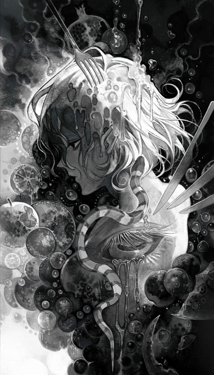 1boy, apple, bags_under_eyes, black_eyes, crying, dungeon_meshi, elf, food