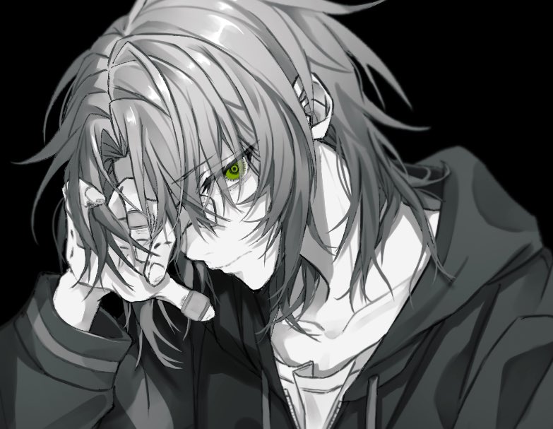 1boy, black_background, ensemble_stars!, green_eyes, hand_on_own_face, hood, hooded_jacket, injury, jacket, looking_at_viewer, male_focus, medium_hair, monochrome, oo_okioo, portrait, serious, shirt, simple_background, solo, spot_color, tsukinaga_leo
