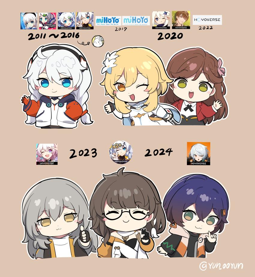 6+girls, :3, :d, ;d, ^_^, absurdres, ahoge, arm_at_side, artist_name, belle_(zenless_zone_zero), benghuai_xueyuan, black_gloves, black_hairband, black_hoodie, black_jacket, black_necktie, black_shirt, blonde_hair, blue_eyes, blue_hair, blush_stickers, bolo_tie, braid, brown_background, brown_hair, brown_hoodie, chibi, closed_eyes, closed_mouth, collared_shirt, commentary_request, crossed_bangs, dress, earrings, entropy_(honkai_impact_3rd), female_dreamseeker_(honkai_impact), fingerless_gloves, flower, genshin_impact, glasses, gloves, green_eyes, grey_hair, hair_between_eyes, hair_flower, hair_ornament, hairband, hairclip, hand_in_pocket, hand_up, highres, honkai:_star_rail, honkai_(series), honkai_impact_3rd, hood, hood_down, hooded_jacket, hoodie, index_finger_raised, jacket, jewelry, kiana_kaslana, kiana_kaslana_(white_comet), korean_commentary, long_hair, long_sleeves, looking_at_viewer, lumine_(genshin_impact), mihoyo, multicolored_clothes, multicolored_hair, multicolored_hoodie, multiple_girls, necktie, one_eye_closed, ooyun, open_clothes, open_hoodie, open_jacket, open_mouth, orange_eyes, orange_hoodie, orange_sleeves, partially_fingerless_gloves, pink_flower, raglan_sleeves, red_jacket, rosa_(tears_of_themis), scarf, shirt, short_hair, side_braid, sidelocks, simple_background, sleeveless, sleeveless_hoodie, smile, stelle_(honkai:_star_rail), streaked_hair, tears_of_themis, thumbs_up, trailblazer_(honkai:_star_rail), twin_braids, twitter_username, two-tone_hair, upper_body, v, white_dress, white_flower, white_hair, white_jacket, white_scarf, white_shirt, wing_collar, yellow_eyes, zenless_zone_zero