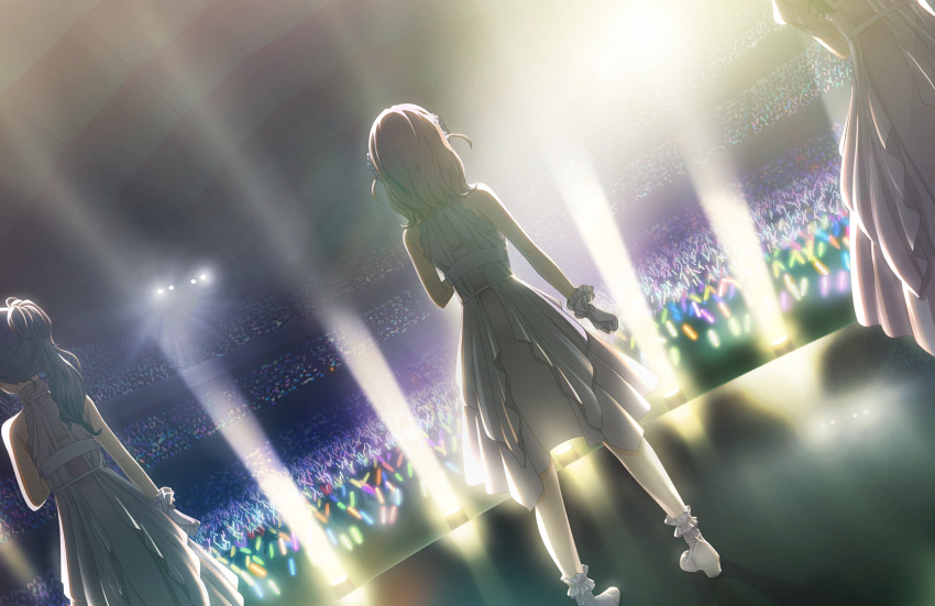 3girls, arm_at_side, audience, clenched_hand, dress, dutch_angle, facing_away, game_cg