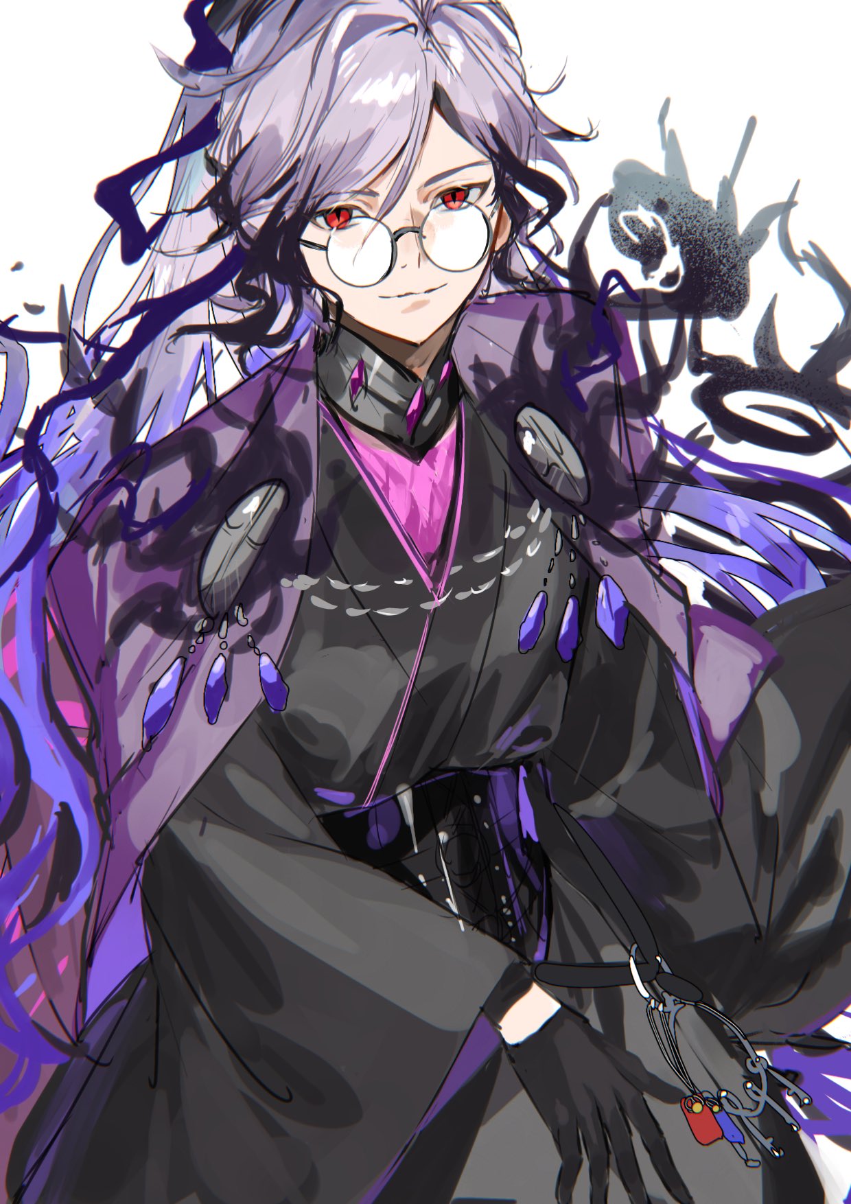 1boy, black_corset, black_gloves, black_kimono, corset, fate/grand_order, fate_(series), fire