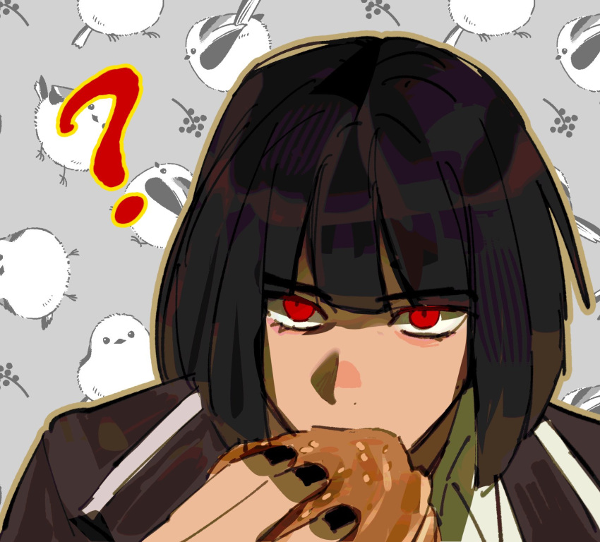 1girl, ?, black_coat, black_hair, black_nails, burger, coat, eating