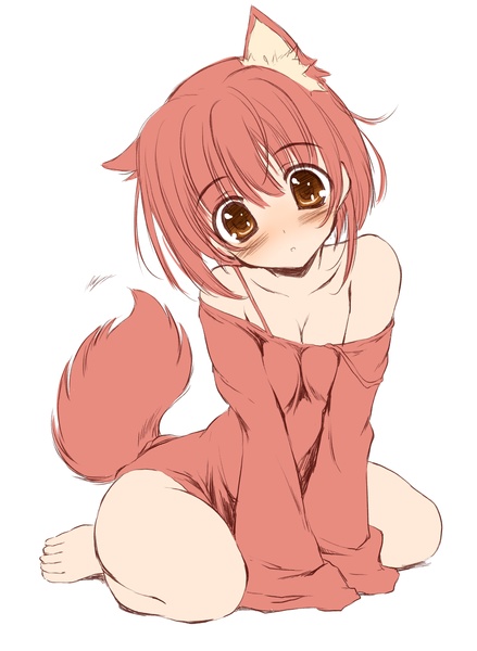1girl, bare_shoulders, blush, bottomless, brown_eyes, cat_ears, cat_girl, catgirl