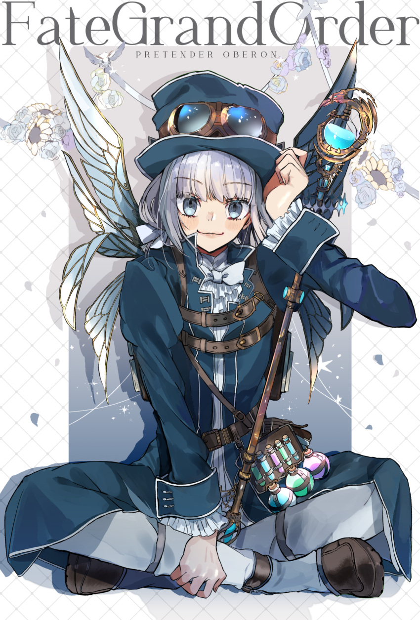 1boy, blue_eyes, bottle, bow, bowtie, brooch, butterfly_wings, character_name