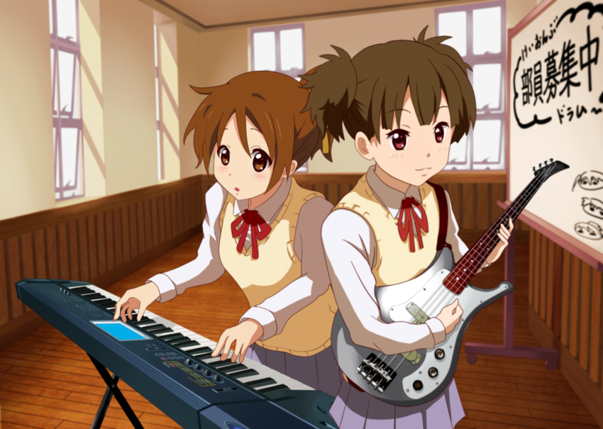 2girls, back-to-back, blush, brown_eyes, brown_hair, guitar, highres, hirasawa_ui