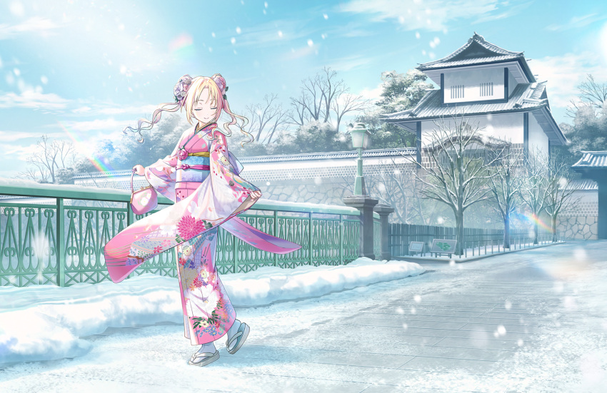 1girl, architecture, bag, bare_tree, blonde_hair, blue_hair, blue_sash, blue_sky