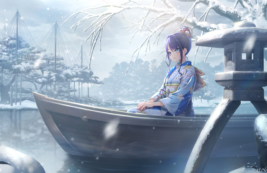 1girl, bare_tree, blue_eyes, blue_hair, blue_kimono, boat, brown_sash, closed_mouth